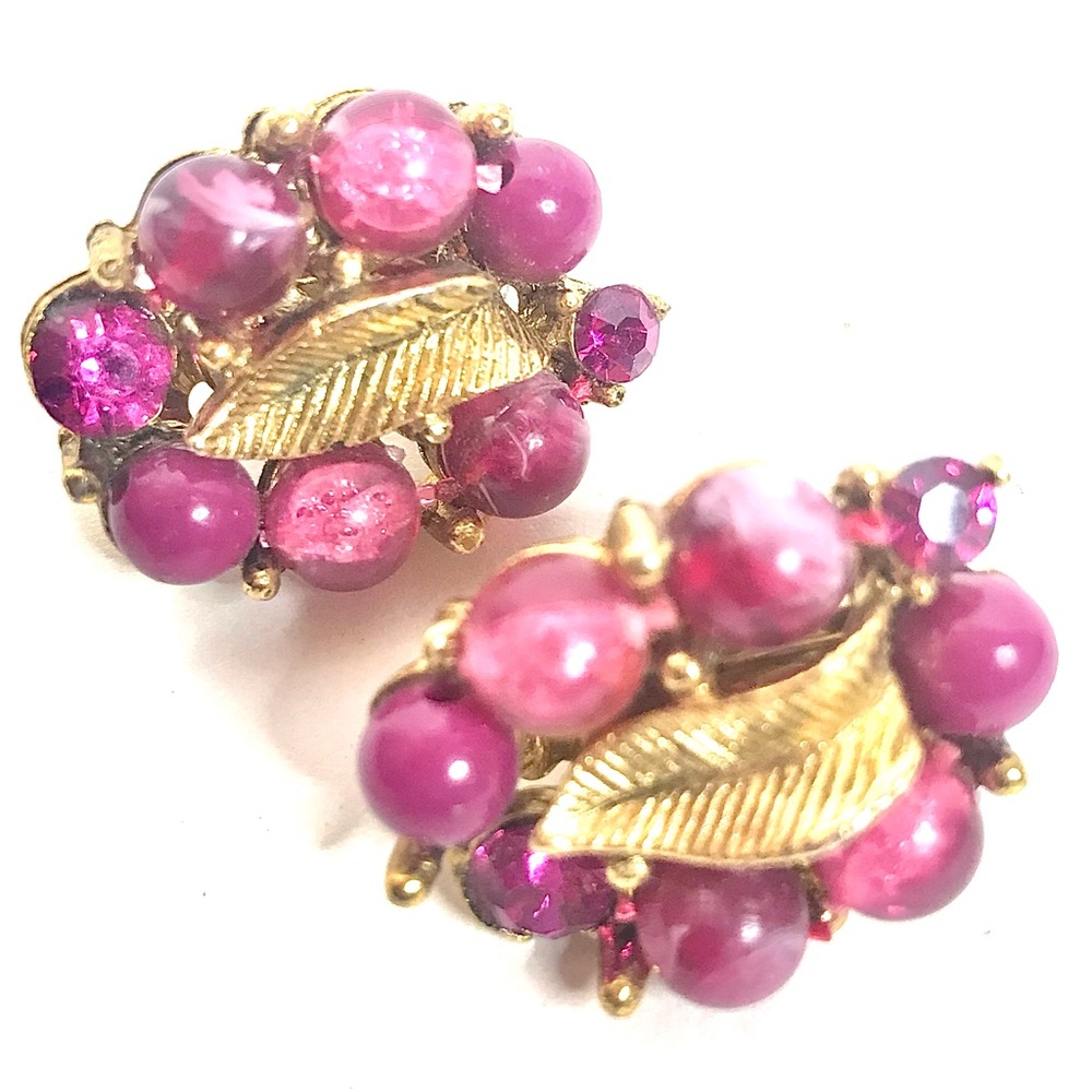 Vintage Earrings Raspberry Pink Rhinestone Beaded
